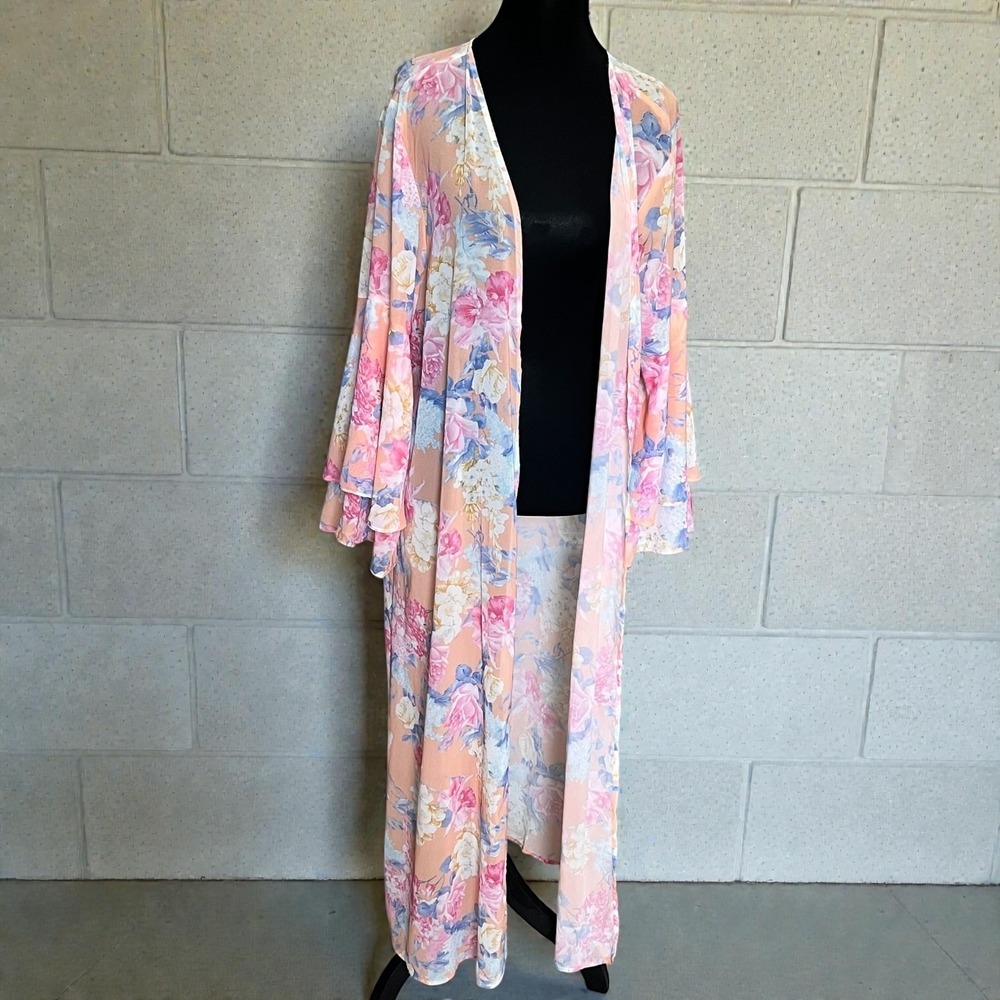Pink Lily Floral Maxi Kimono Duster Openfront Romantic Bell Sleeve Boho Resort S